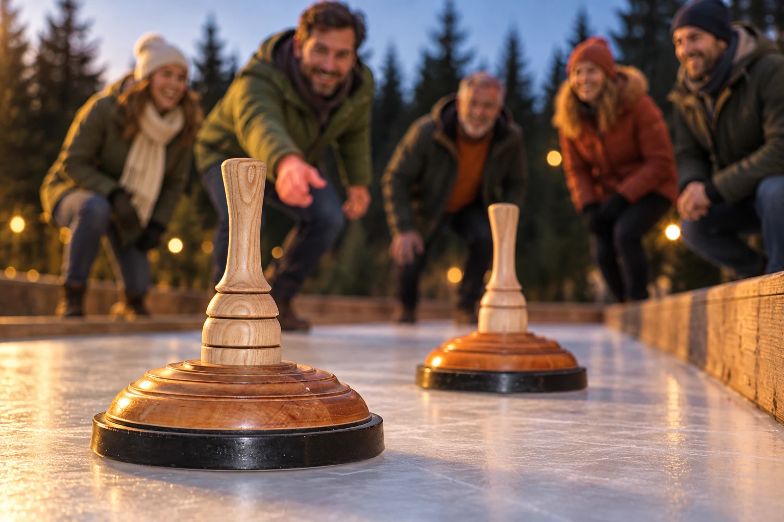 Winterliches Eisstock-Motiv mit einer Gruppe beim gemeinsamen Spielen.