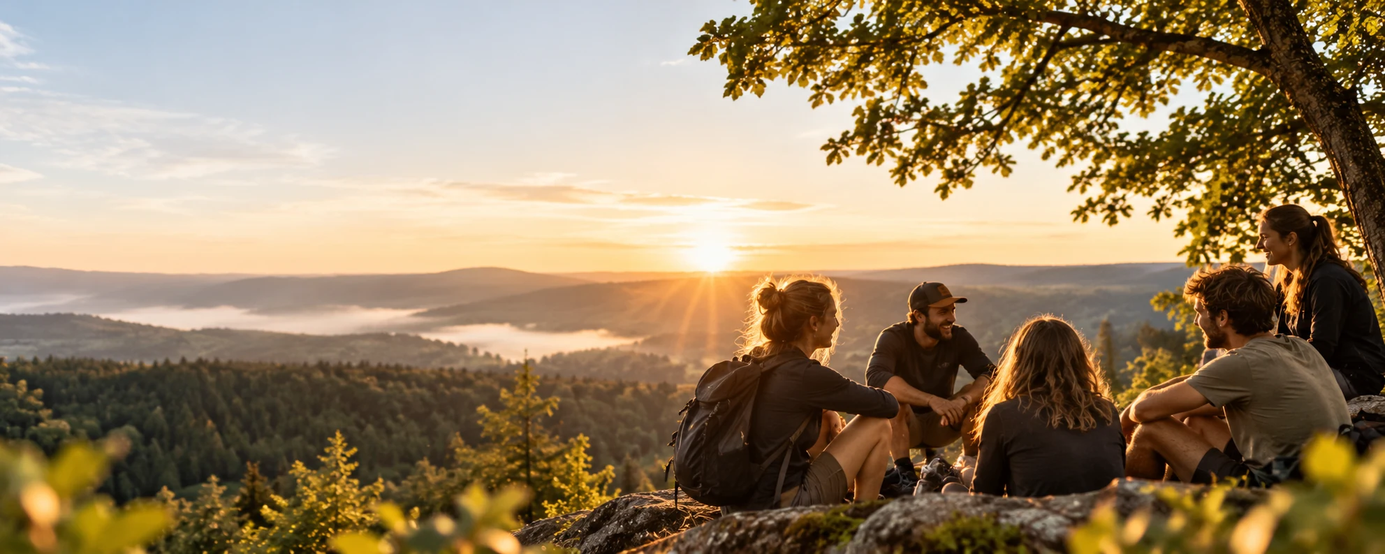 Illustratives Kampagnenmotiv: Eine Gruppe sitzt bei Sonnenuntergang über einer weiten Schwarzwaldlandschaft zusammen.