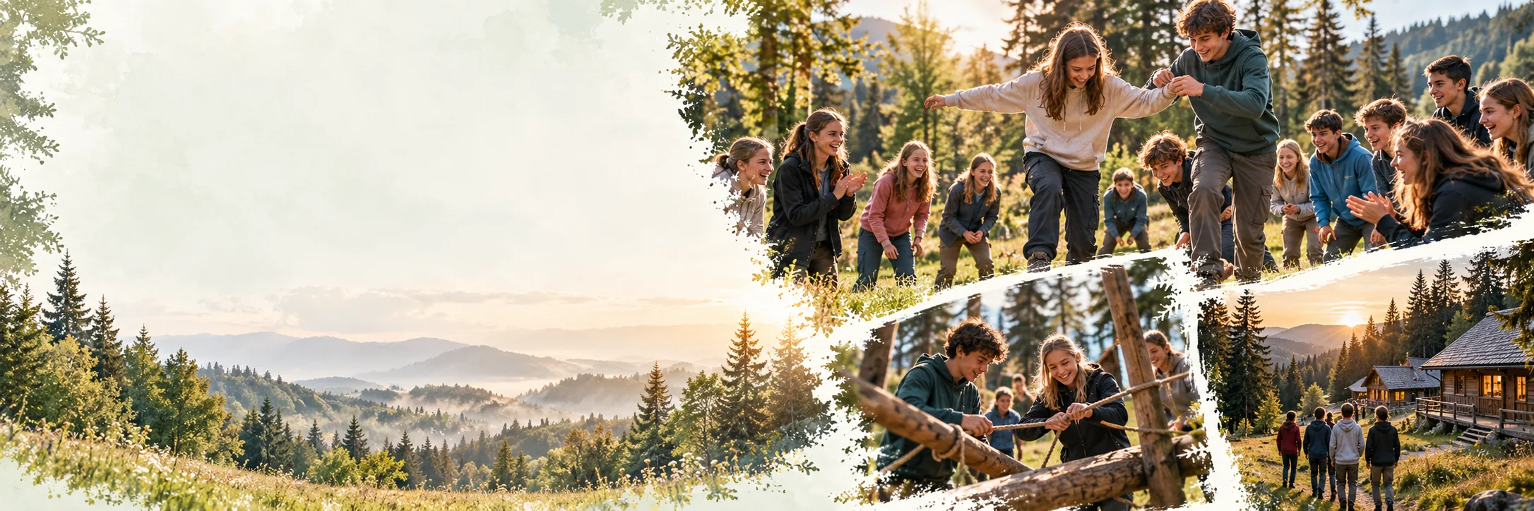 Schulklassen-Kampagnenmotiv mit gemeinsamen Spielen im Schwarzwald