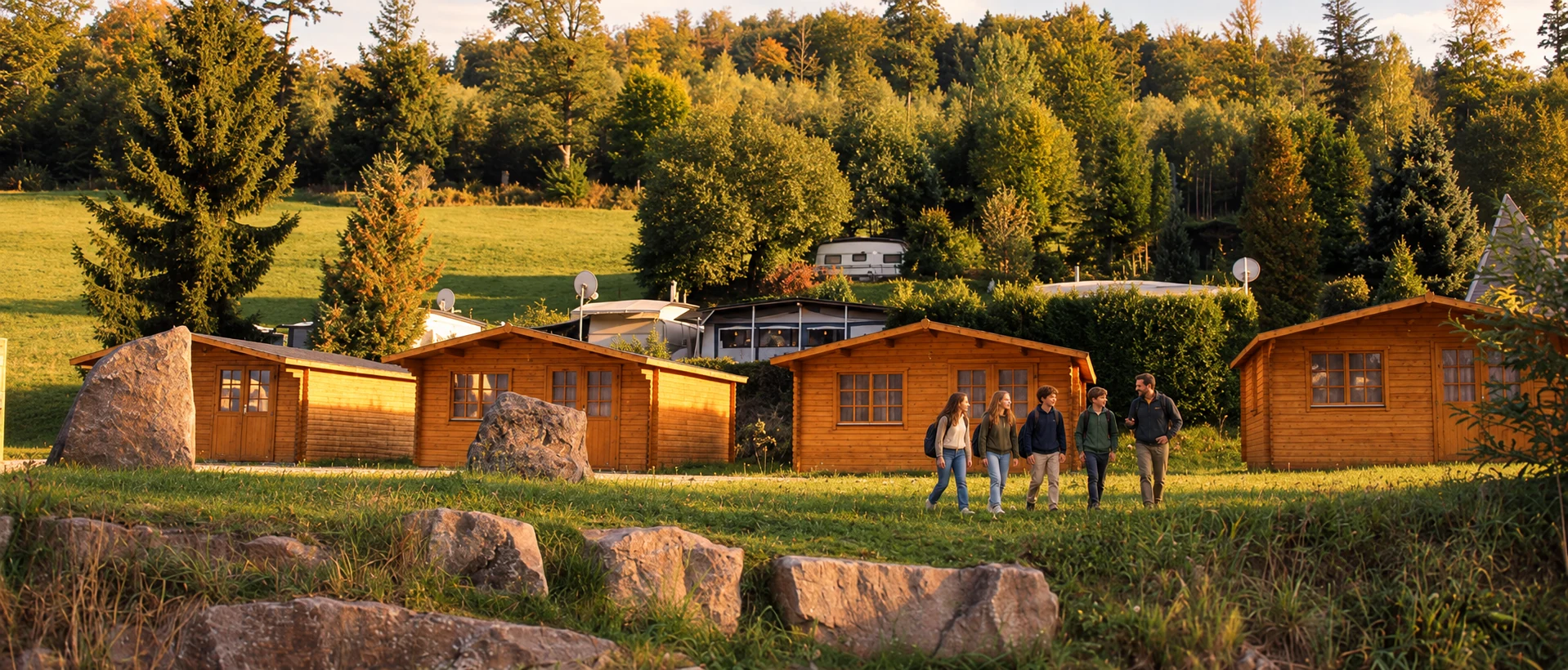Holzhütten, Bäume und eine Gruppe auf der Wiese der Albtal-Arena.
